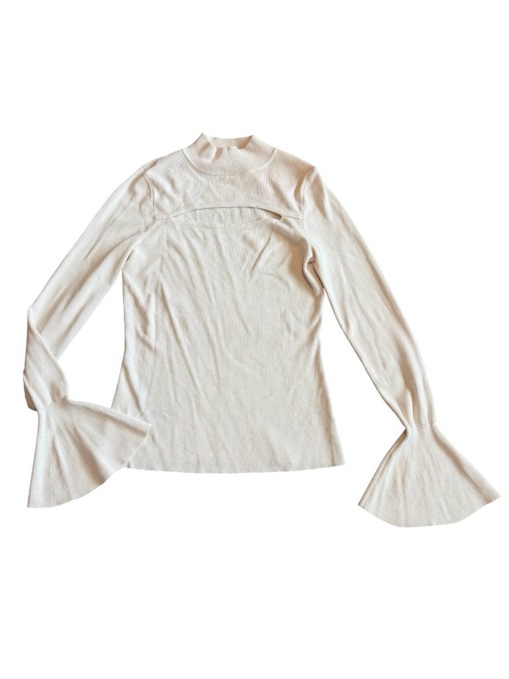 Intermix Mock Neck Cream Sweater Bell Sleeves Stretch Cutout Chest Size Large